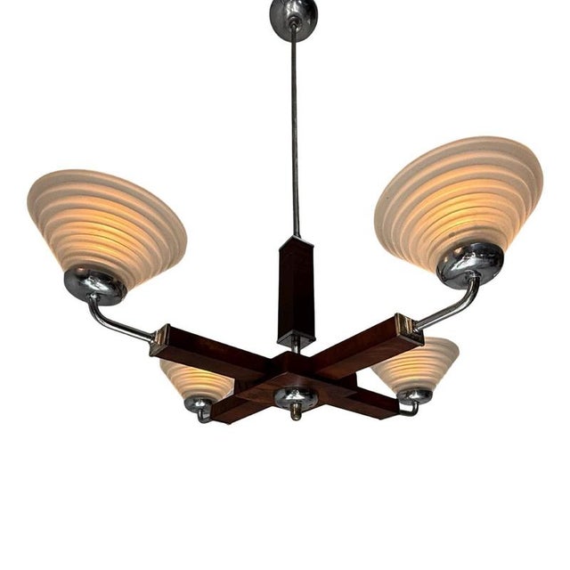 Early 20th Century Art Deco Satin Glass, Walnut Veneer and Chromed Metal 4-Light Chandelier, Former Czechoslovakia, 1930 For Sale - Image 5 of 10