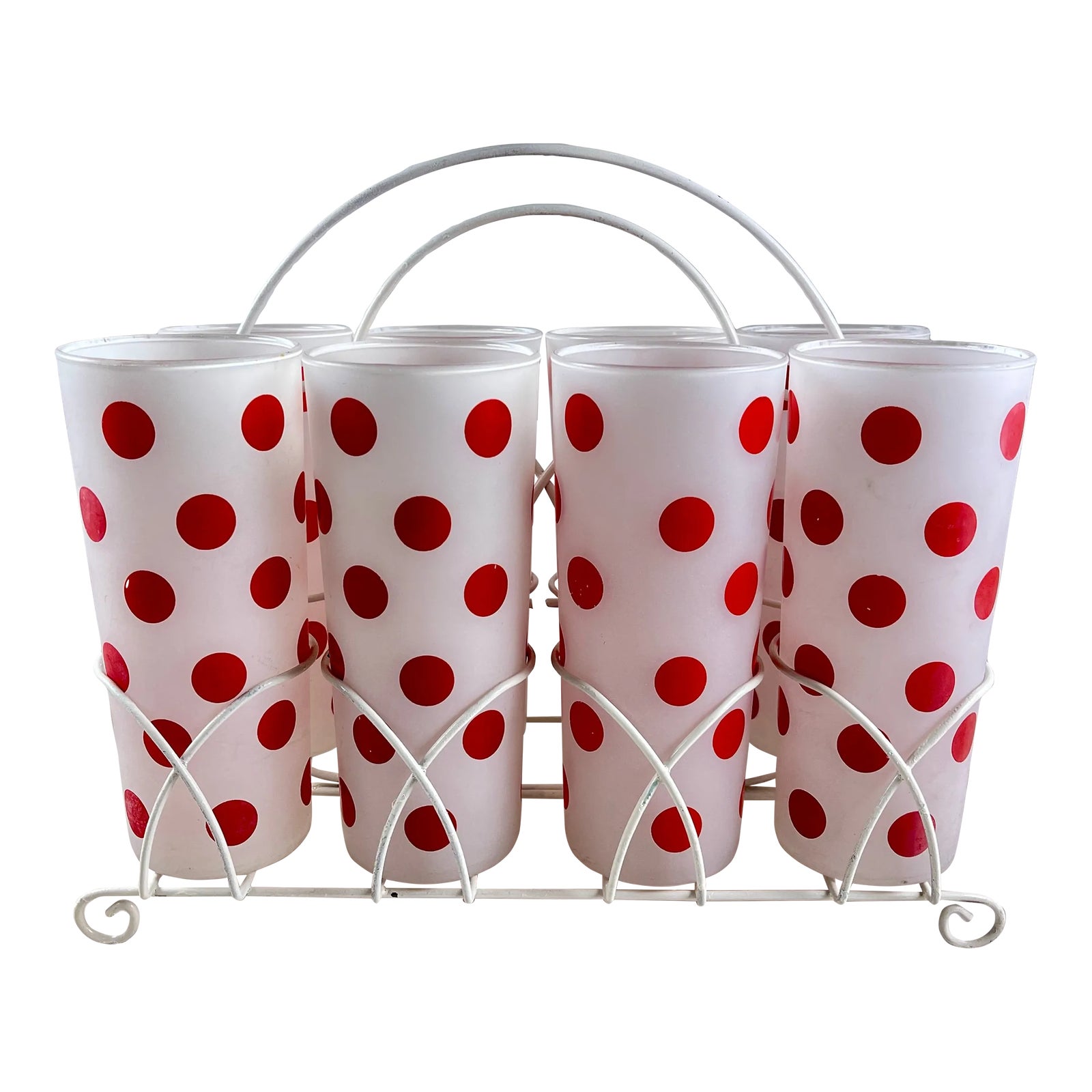 Hazel-Atlas Red Polka Dot Highball Glasses in Caddy, S/8 | Chairish