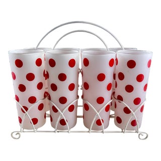 Hazel-Atlas Red Polka Dot Highball Glasses in Caddy, S/8 For Sale