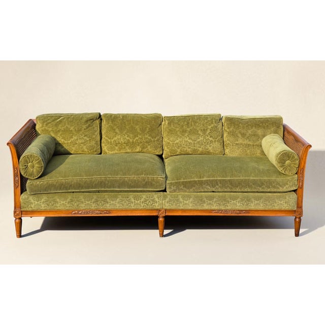 French Mid 20th Century The Schoonbeck Co. Mid-Century French Louis XVI Style Walnut Caned Sofa With Loose Cushions and Bolster Pillow For Sale - Image 3 of 10