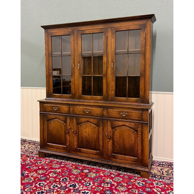 English Antique English Large Bookcase Cupboard Cabinet Triple Door Glass Oak C. 1930s For Sale - Image 3 of 18