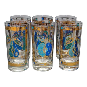 Georges Briard the Forbidden Fruit Pattern Turquoise and Gold Glasses Set of 6