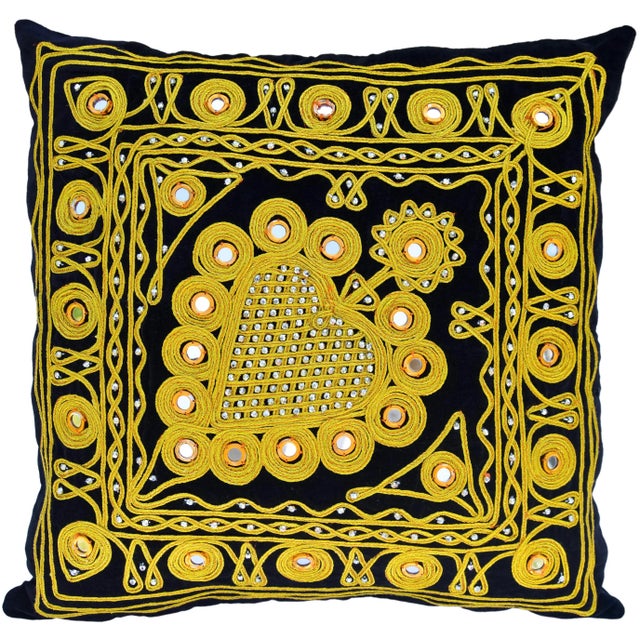 Beautiful Moroccan Pillow handwoven in silk and cotton with ornate golden-patterned embroidery, silver beaded pattern and...