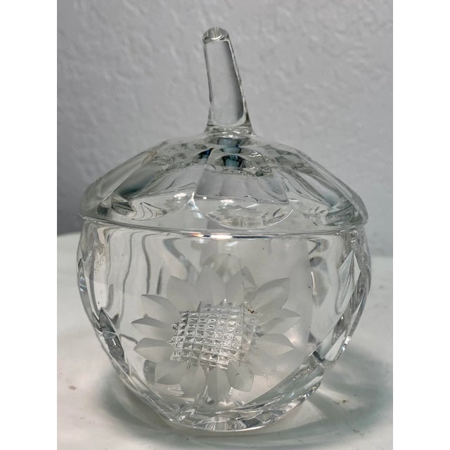 Whimsical Antique Pumpkin Shaped Cut Glass Jam Jar With SunFlower Design From England. Measures 3 1/2” x 3 1/2” x 4 3/4”