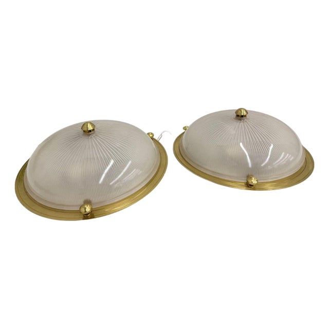 Pair of Vintage Brass Flush Mounts With Ribbed Glass Domes For Sale