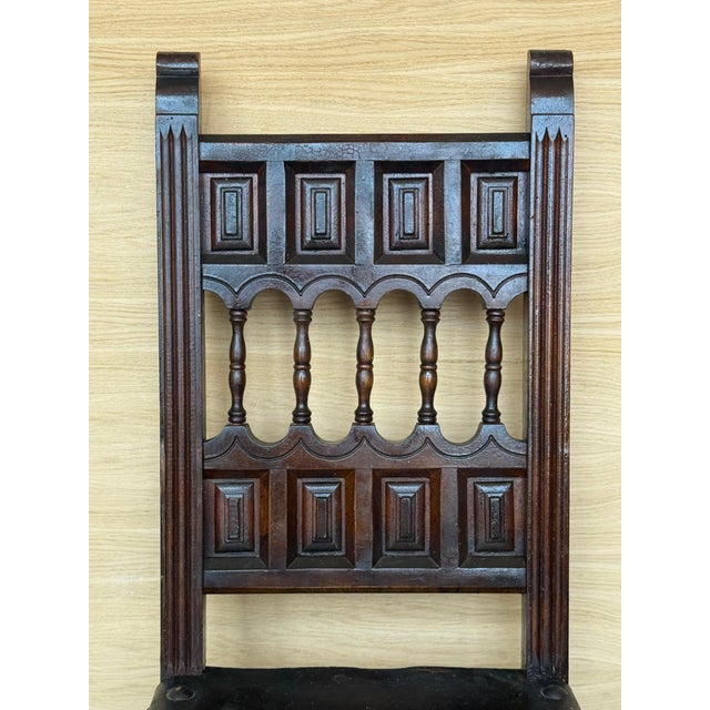 19th Set of Six Spanish Carved Chairs with Leather Seat and Back For Sale - Image 11 of 18