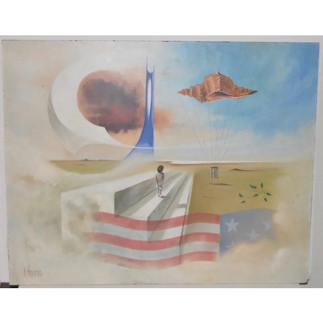 Fantastic surreal painting by listed artist Carlo Wahlbeck (Sweden / California) A young American boy stares off into a...