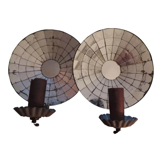 Vintage Colonial Revival Round Mirrored Tole Tin Sconces Electrified - A Pair For Sale
