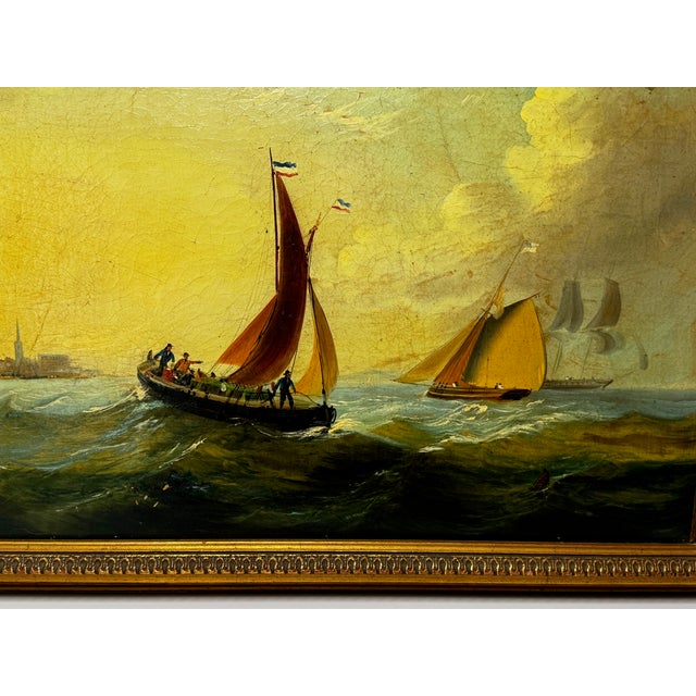 1 Marine Georgian Oil Painting Early 19th Century French Fishing Boat Heading Out In Brisk Winds Rough Seas Off Coast....