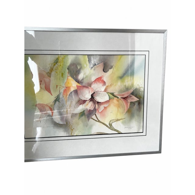 1989 Signed Abstract Floral Watercolor in New Silver-Tone Frame For Sale - Image 13 of 16