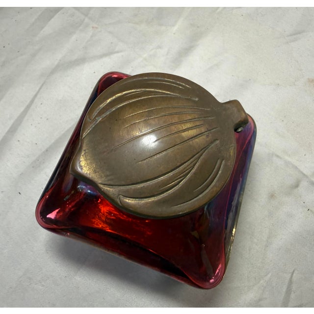1940s Antique Carl Stolzle Austrian Art Nouveau Red Glass Bronze Writing Inkwell Jar For Sale - Image 5 of 18