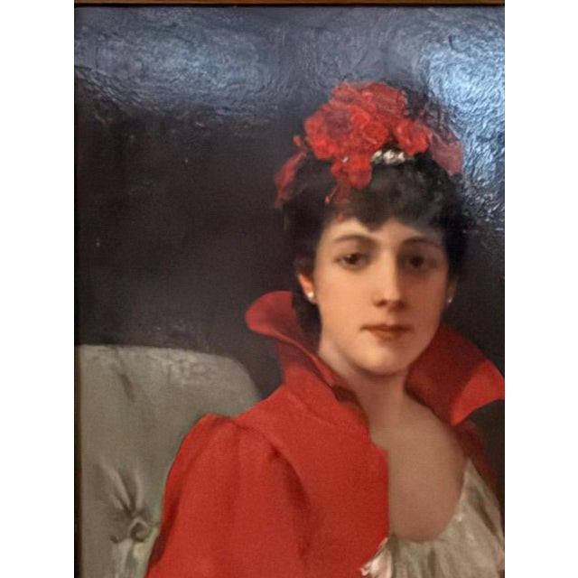 Red 1900s 42" Signed William Henry Hyde Ana Gilded Age Oil Portrait, Socialite in Red Cloak and Ostrich Fan, Antique Gold Frame, Museum Quality For Sale - Image 8 of 18