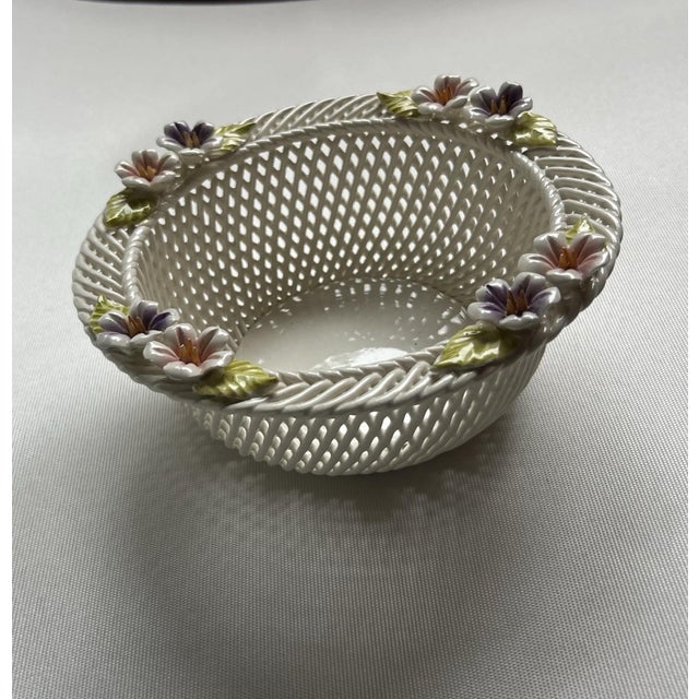 Art Deco Mid 20th Century Bowl Irish Porcelain Woven Basket Flowers Porcelain Belleek Style Unmarked Vtg. For Sale - Image 3 of 18