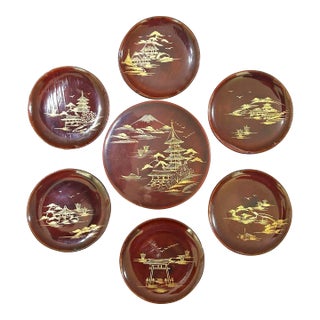 1950s Chinoiserie Lacquer Coaster Set - Vintage Asian Scenic Barware Coasters With Box - Mid Century Entertaining Decor For Sale