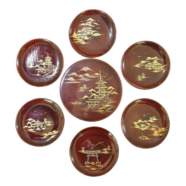 1950s Chinoiserie Lacquer Coaster Set - Vintage Asian Scenic Barware Coasters With Box - Mid Century Entertaining Decor For Sale