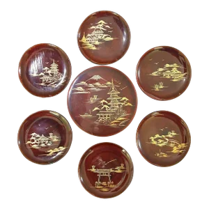 1950s Chinoiserie Lacquer Coaster Set – Vintage Asian Scenic Barware With Box