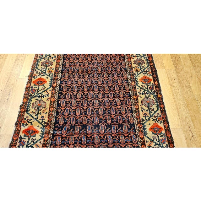 19th Century Persian Kurdish Gallery Rug, Hand-Knotted Wool, All-Over Paisley & Poppy Pattern, Navy & Ivory, 5x10 For Sale - Image 13 of 18
