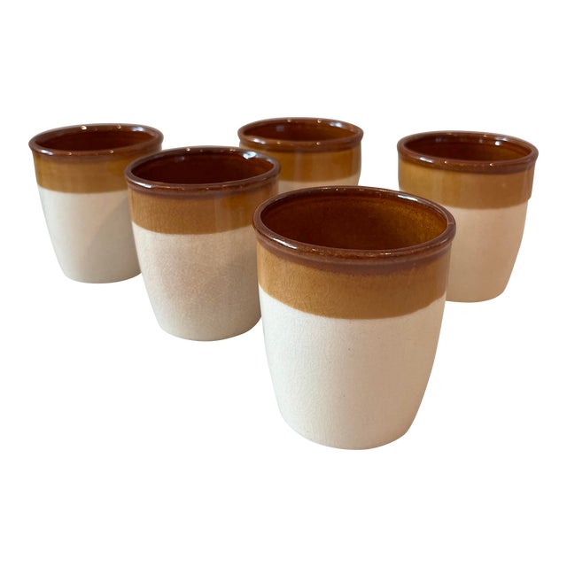 Set of 5 Vintage Brown Band Crock Cups For Sale
