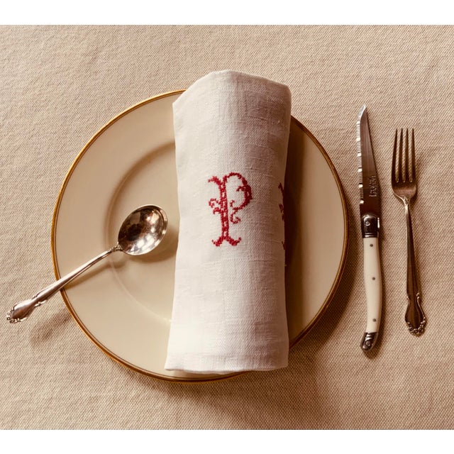 Textile Exceptional Quartet of French Linen Napkins With Turkey Red Monograms, C. 1910 For Sale - Image 7 of 12
