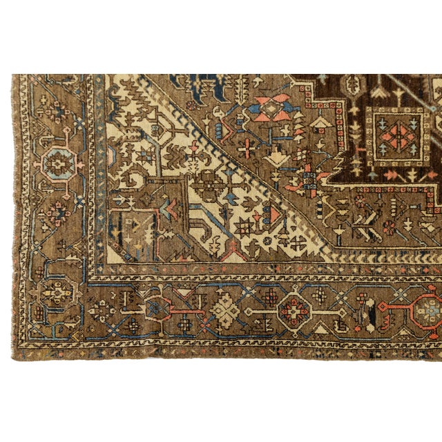 Camel 19th Century Antique Serapi Heriz Rug With Geometric Medallion in Camel For Sale - Image 8 of 12
