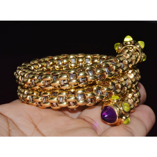 Rare Vintage Fope 18k Gold Double Wrap Twist Snake Bracelet With Amethyst & Peridot For Sale - Image 13 of 15