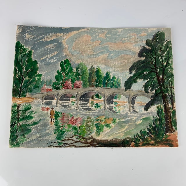 Incredible one of a kind watercolor painting on paper of man fly finishing in front of a bridge, landscape, water and...