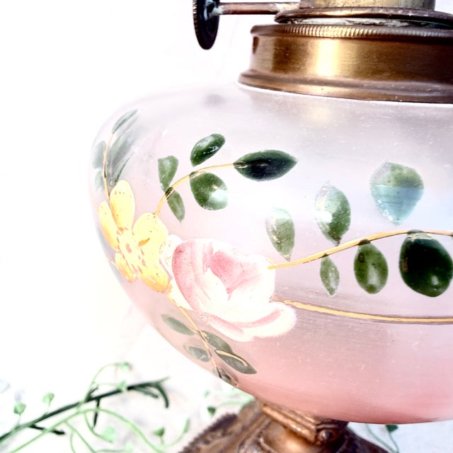 Hand-Painted Oil Lamp with Ribbons, 1970s, in Good conditions. Designed 1890 to 1919 Up to 250V (Europe/UK Standard).The...