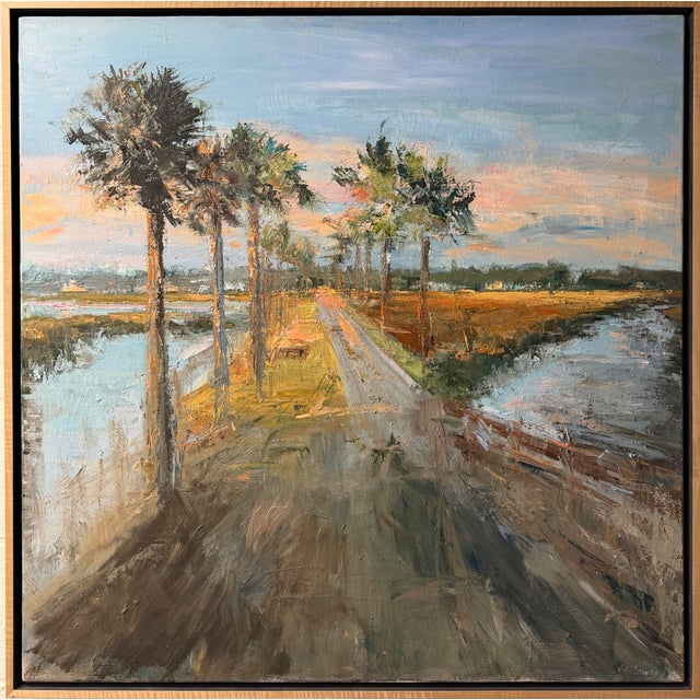 Palmettos line the remnants of an old intercoastal lowcountry bridge. One-of-a-kind original oil painting on a 24x24-inch...