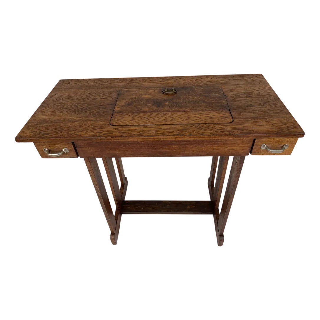 Oak Sewing Machine Table with Drawers, 1979 | Chairish