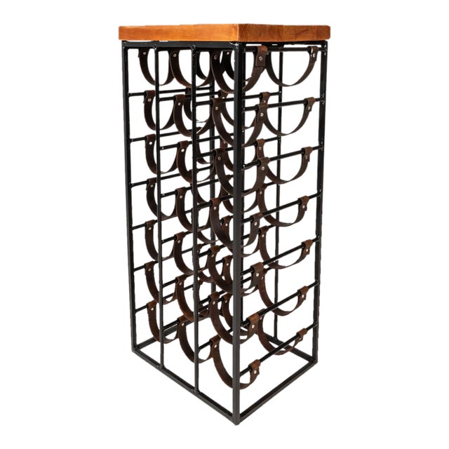 Mid-Century Modern 21 Bottle Wine Rack in Leather & Wrought Iron W/ Butcher Block Top Attributed to Arthur Umanoff, Usa, C. 1960s For Sale