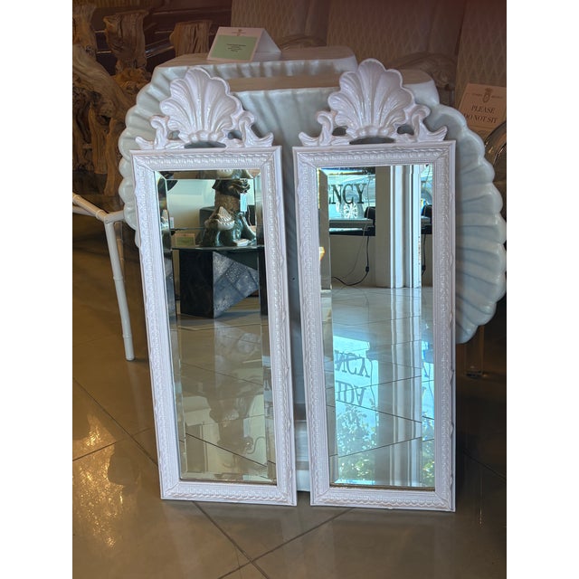 Vintage Pair Light Pink Lacquered Palm Beach Scalloped Shell Wall Mirrors For Sale - Image 11 of 12