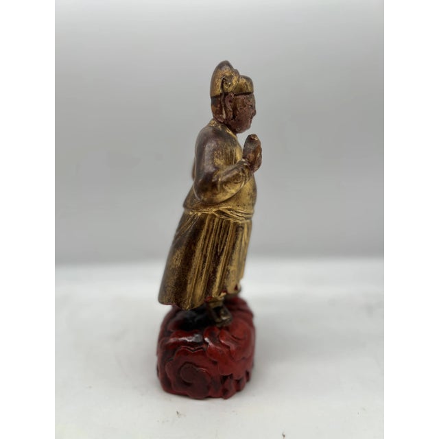 Chinese Antique Chinese Carved Gilt Wood & Polychrome Decorated Figure For Sale - Image 3 of 9