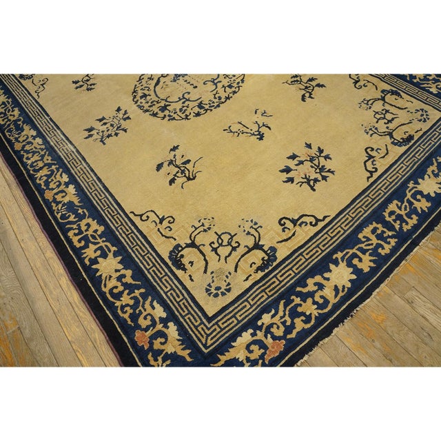 Beige 1920s Beige Medallion Greek Key Antique Chinese Peking Knotted Rug 6'2" X 8'8" For Sale - Image 8 of 8