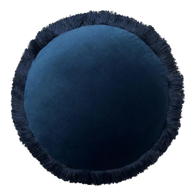 The Macaron, Fringed Velvet Circle Pillow, Navy Blue For Sale