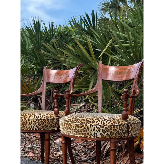 Traditional Antique Pair of French Regency Style Rosewood Armchairs With Brass Inlay & Leopard Upholstery For Sale - Image 3 of 6