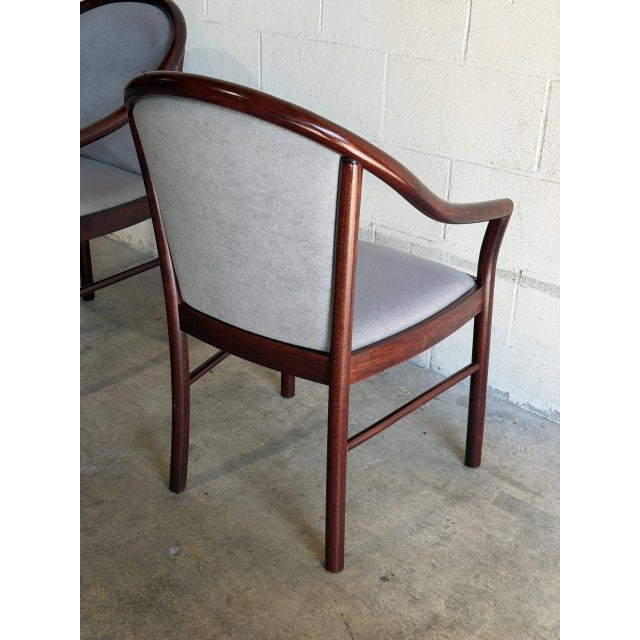 Grey Upholstered Barrel Armchairs Pair With Dark Wood Frames Vintage 1980s For Sale In Los Angeles - Image 6 of 9