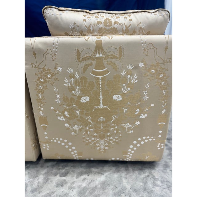 Textile Pair of Scalamandre Silk Tropical Gold White Swivel Club Chairs For Sale - Image 7 of 8