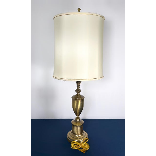 Complete Stiffel Brass Torchiere With Original Waffle Weave Diffuser, Original Drum Shade and Finial For Sale - Image 10 of 13