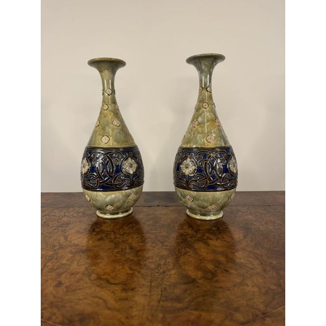 Outstanding quality pair of antique Art Nouveau Royal Doulton stoneware baluster vases by Louisa Wakely, having a...