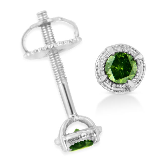 Haus of Brilliance .925 Sterling Silver 1/4 cttw Treated Green Diamond Modern 4-Prong Solitaire Milgrain Stud Earrings (Green Color, I1-I2 Clarity) For Sale - Image 4 of 6