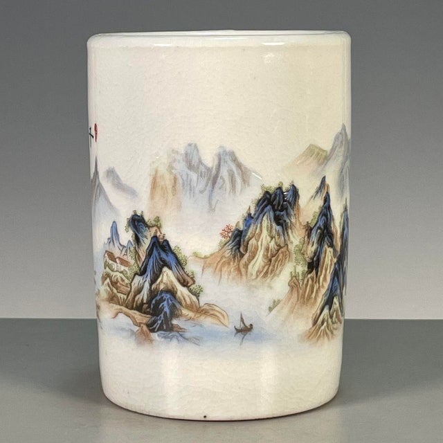 Famille Rose Crackle Glaze Porcelain Brush Pot With Landscape Scene For Sale In Los Angeles - Image 6 of 9