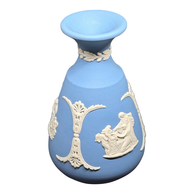 1970s Wedgwood Blue and White Ceramic Vase Classical Figures Neoclassical Matte For Sale