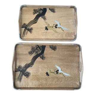 2 Vintage Mid-Century Hand Painted Cranes Wood Nesting Trays Made in Japan For Sale