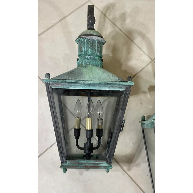 Large Pair of Handcrafted Wall-Mounted Solid Copper Lantern For Sale In Miami - Image 6 of 12