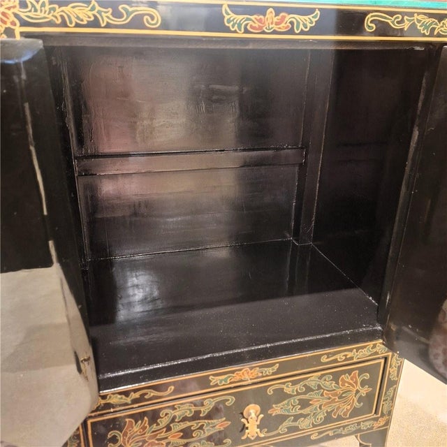 Vintage Chinoiserie Black Lacquer Floral and Bird Cabinet For Sale - Image 9 of 10