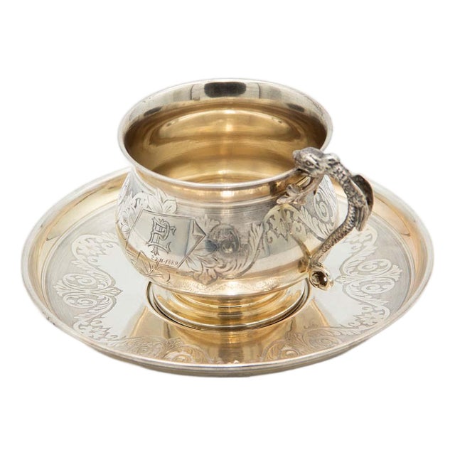 Engraved Silver Teacup and Saucer, Set of 2 For Sale
