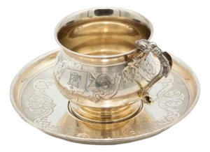 Engraved Silver Teacup and Saucer, Set of 2