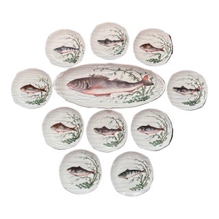Antique Limoges Fish Plates & Large Platter Set by O. Gutherz 9” Plates 24.75” Platter For Sale