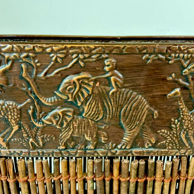 1980s Vintage Boho Chic Safari Coastal Tole Elephant, Monkey & Giraffe Faux Wood Bamboo Wastebasket For Sale - Image 12 of 16
