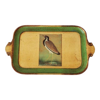 Italian Hand Painted Bird Partial Gilt Decorative Tray For Sale